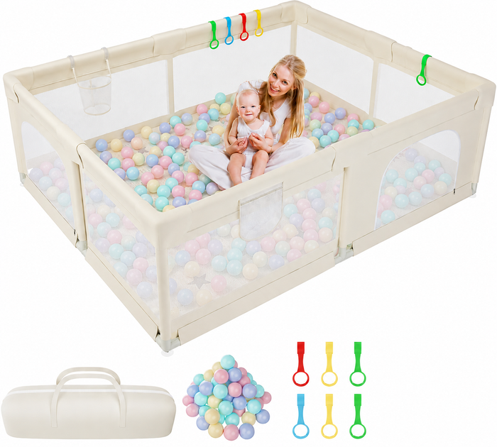 Baby Play Pen 120*180cm for Toddlers with Pattern Anti-Slip Sturdy Play Yards Fence with 50 Balls, 4 Pull Rings,Playmat & Zipper Door (Beige)