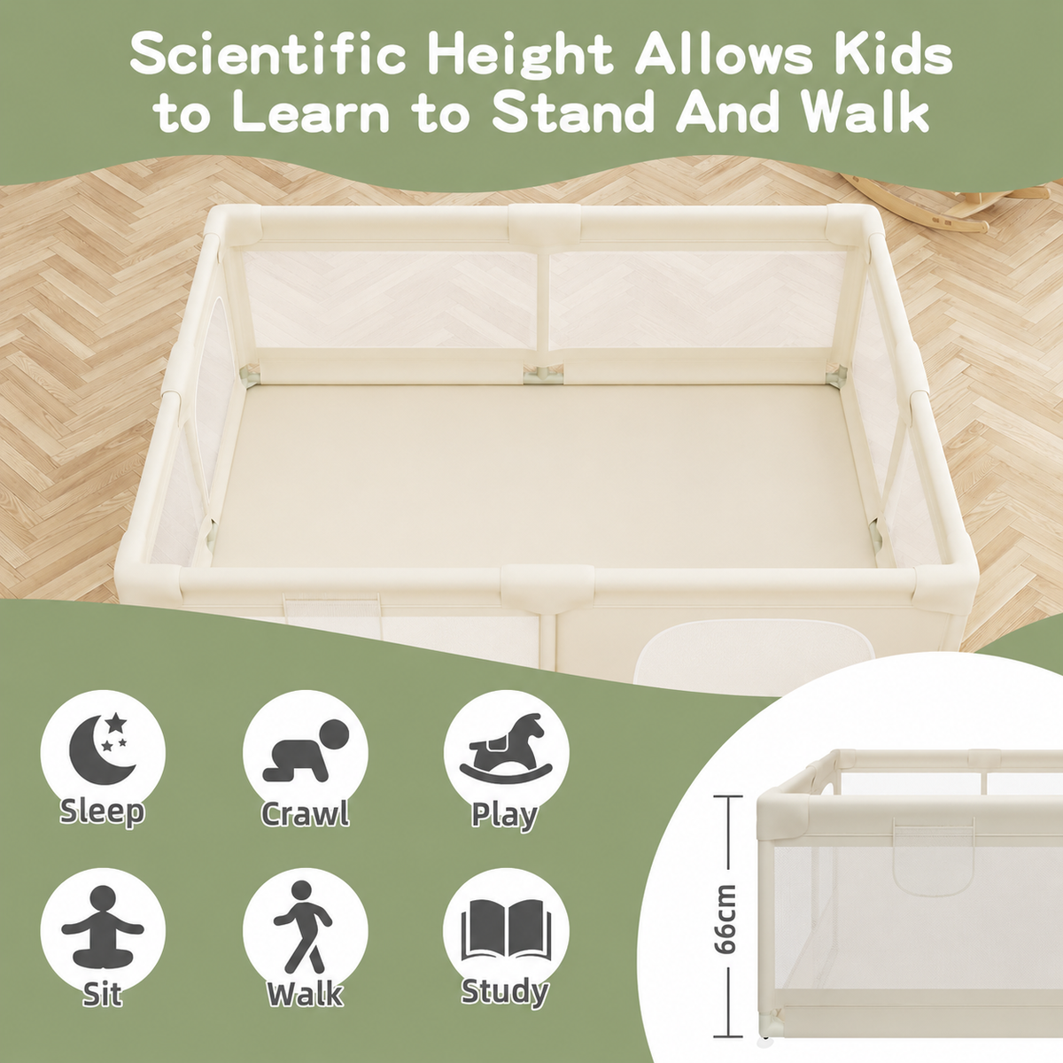 Extra Large Baby Play Pen for Toddlers with Pattern Anti-Slip Sturdy Play Yards Fence with 50 Balls, 4 Pull Rings, Ball Storage & Zipper Door (Beige)