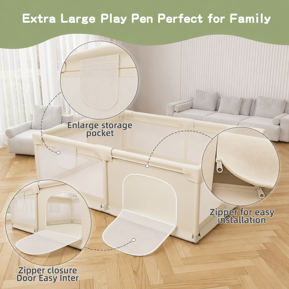 Extra Large Baby Play Pen 180*200cm for Toddlers with Pattern Anti-Slip Sturdy Play Yards Fence with 50 Balls, 4 Pull Rings,PlayMet (Beige)