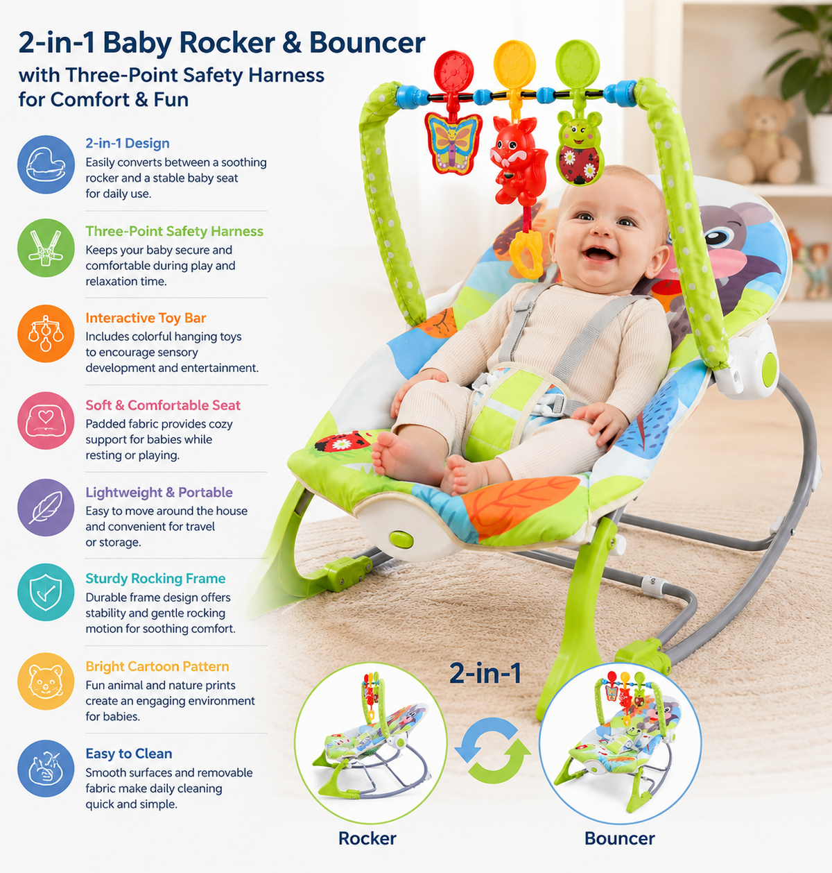2-in-1 Baby Rocker & Bouncer with Toy Bar – Safe, Comfortable & Fun Infant Seat for Playtime and Relaxation