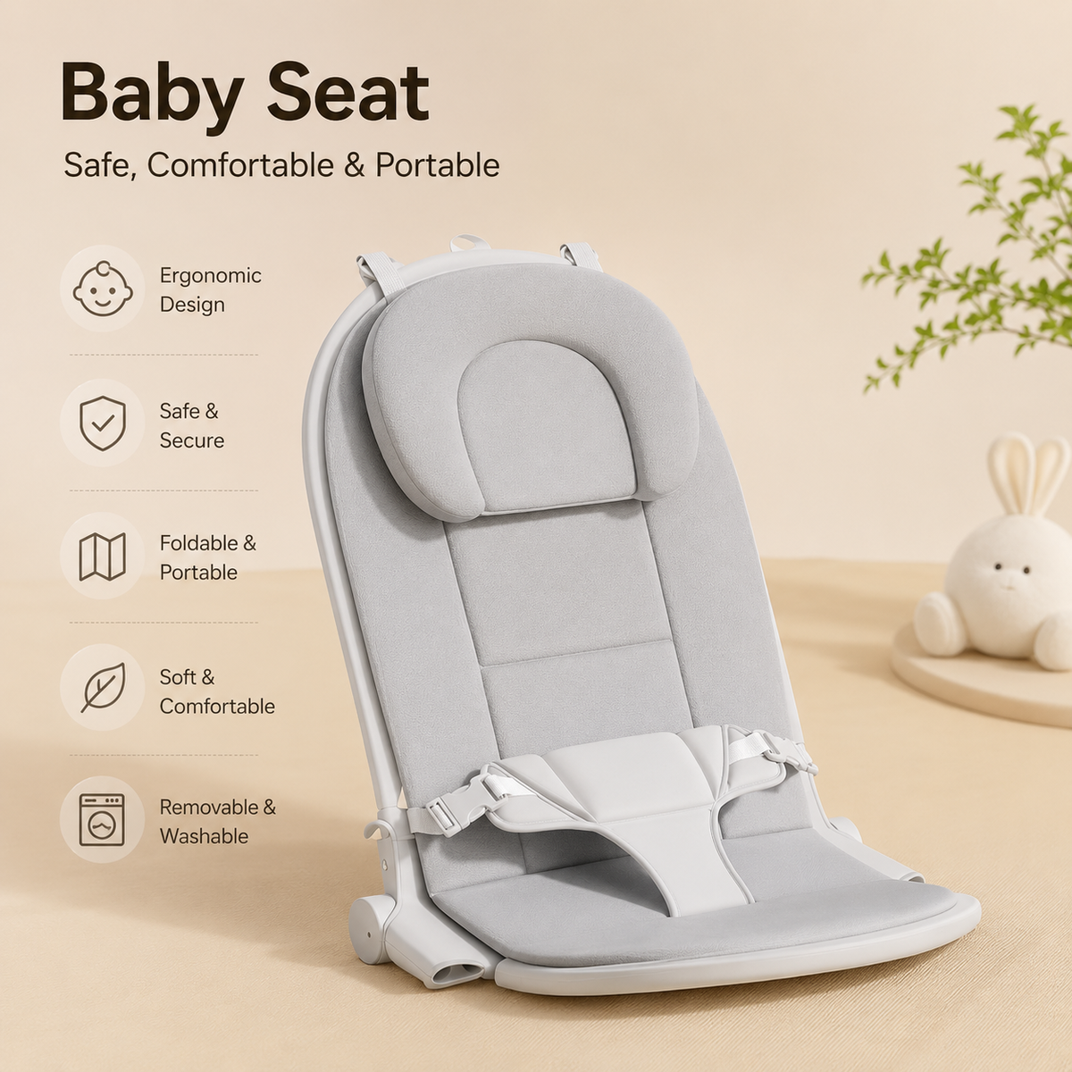 Premium Adjustable Baby Bouncer Seat with Toy Bar, Soft Cushion & Ergonomic Support