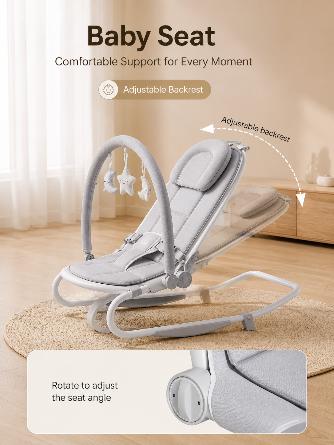 Premium Adjustable Baby Bouncer Seat with Toy Bar, Soft Cushion & Ergonomic Support