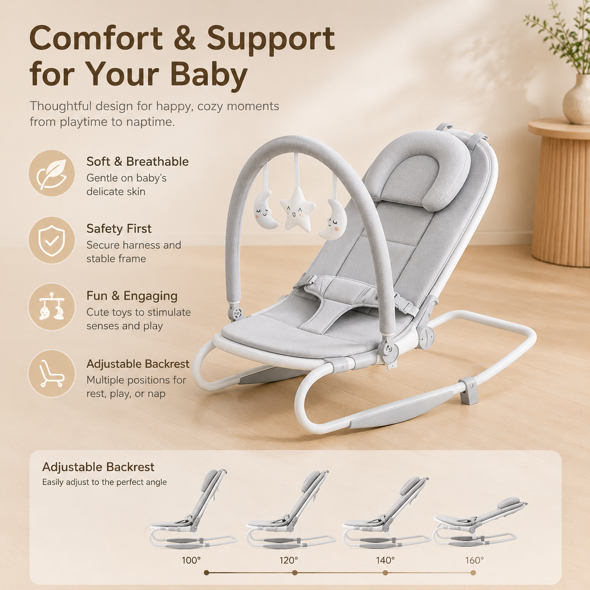 Premium Adjustable Baby Bouncer Seat with Toy Bar, Soft Cushion & Ergonomic Support