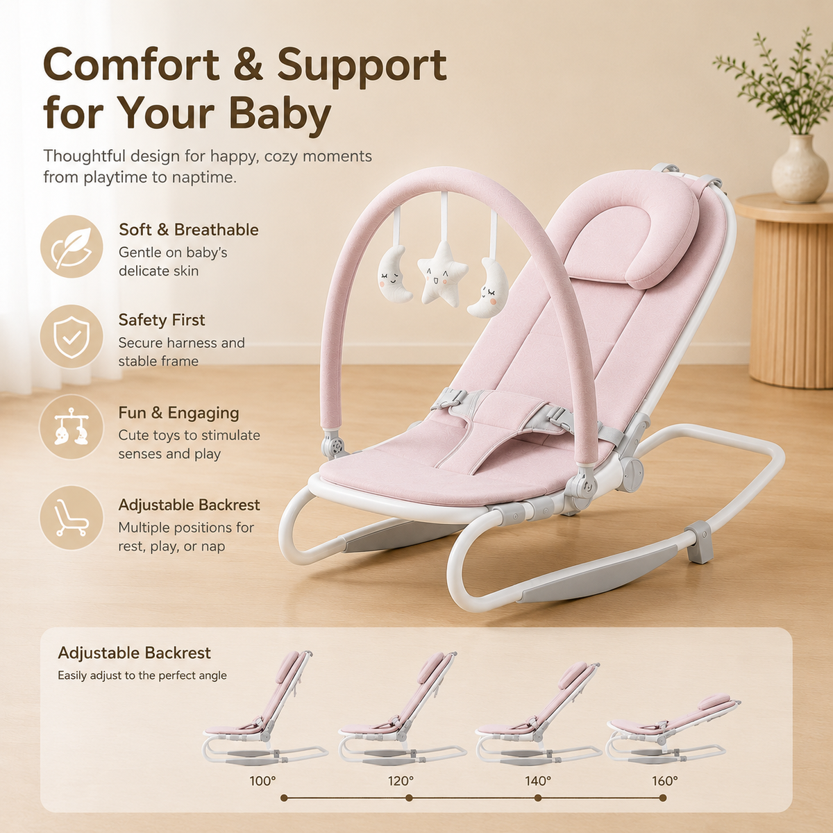 Premium Baby Bouncer Seat with Adjustable Backrest, Soft Cushion & Interactive Toy Bar