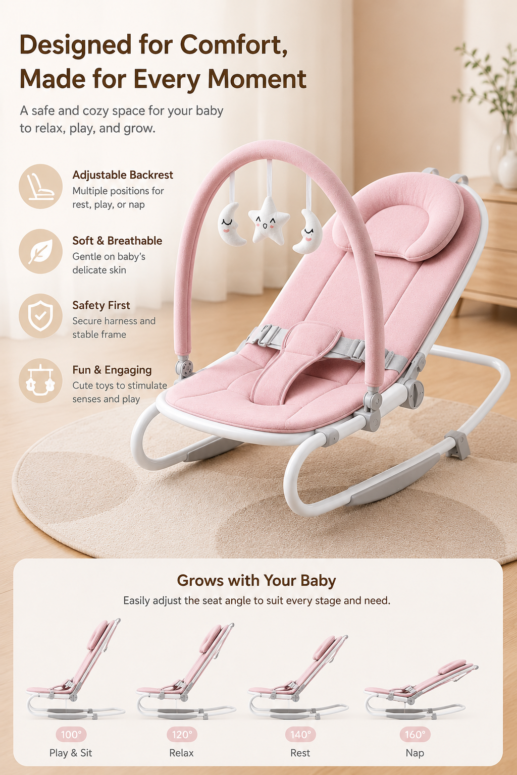 Premium Baby Bouncer Seat with Adjustable Backrest, Soft Cushion & Interactive Toy Bar