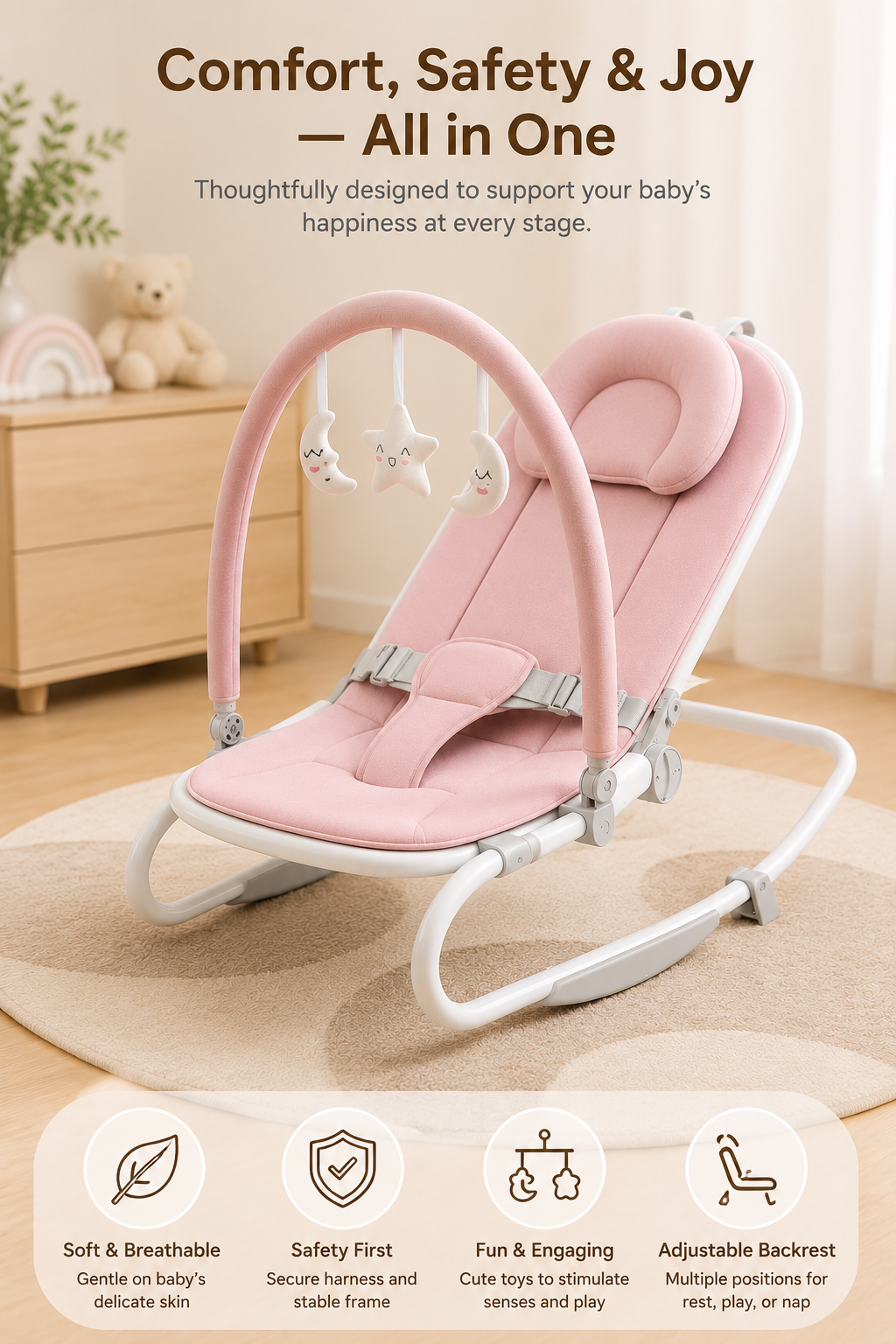 Premium Baby Bouncer Seat with Adjustable Backrest, Soft Cushion & Interactive Toy Bar