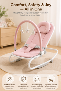 Premium Baby Bouncer Seat with Adjustable Backrest, Soft Cushion & Interactive Toy Bar