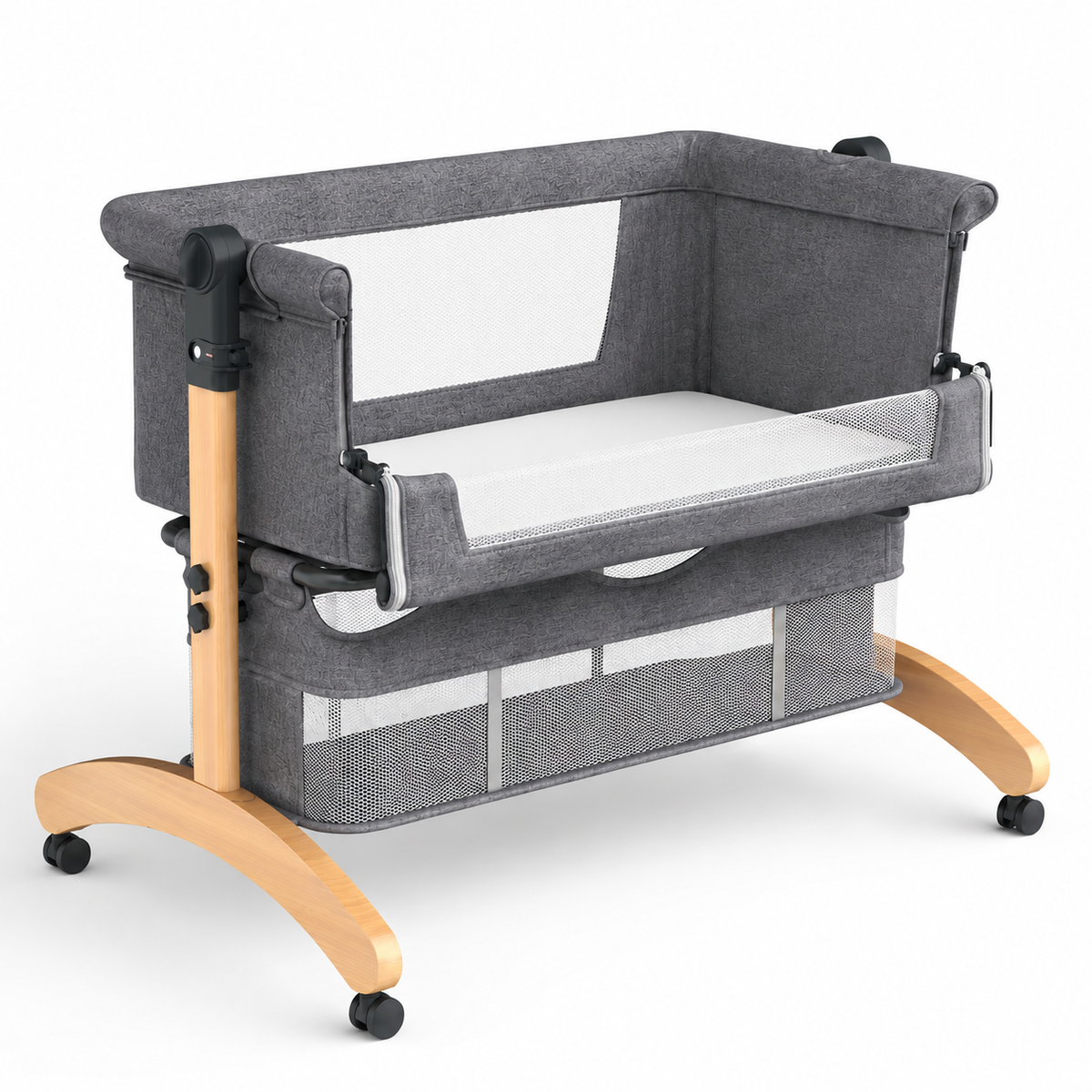 Baby Bedside Bassinet with Adjustable Height & Storage Basket – Portable Co Sleeper Crib with Mesh Sides and Wheels for Newborns