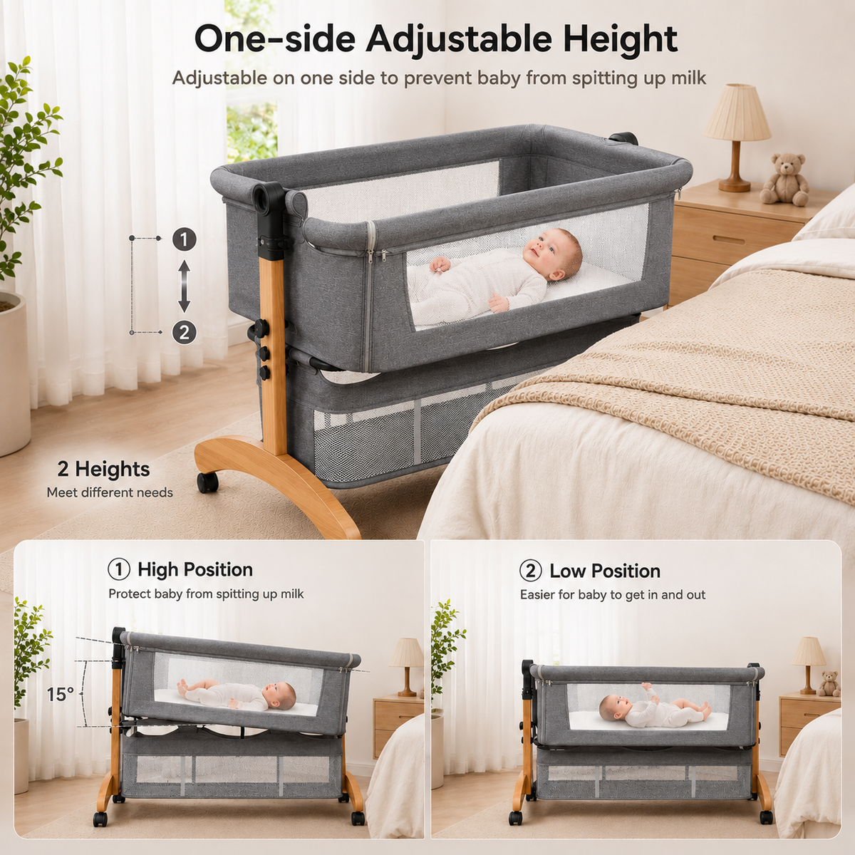 Baby Bedside Bassinet with Adjustable Height & Storage Basket – Portable Co Sleeper Crib with Mesh Sides and Wheels for Newborns