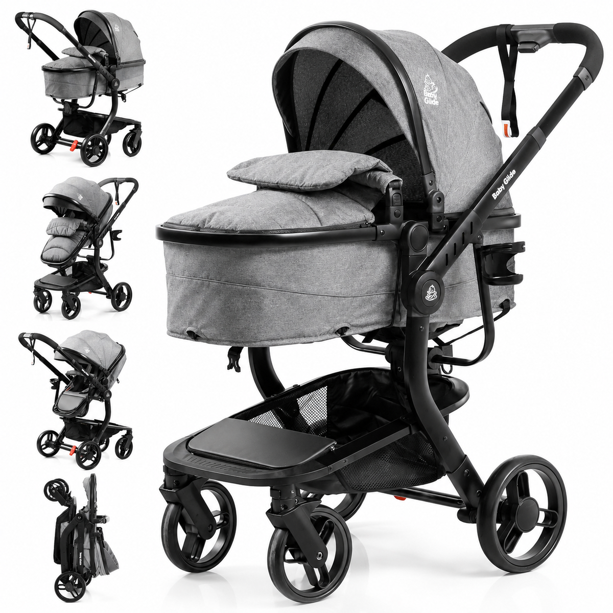 Luxury High Landscape Baby Stroller & Bassinet Travel System | One-Button Fold | High View | Australian Standard Certified | Baby Glide Black Stroller