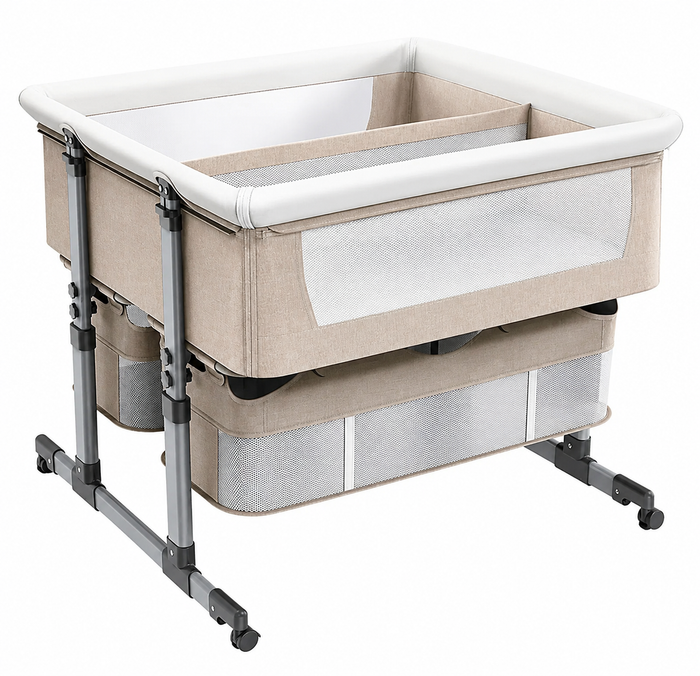Twin Bassinet,Cosleeper Bassinet Bed Side Baby Bassinet with Storage Basket 6 Height Adjustable Anti-Emesis Side Sleeper Bassinet for Baby 1 to 36 Months Khaki