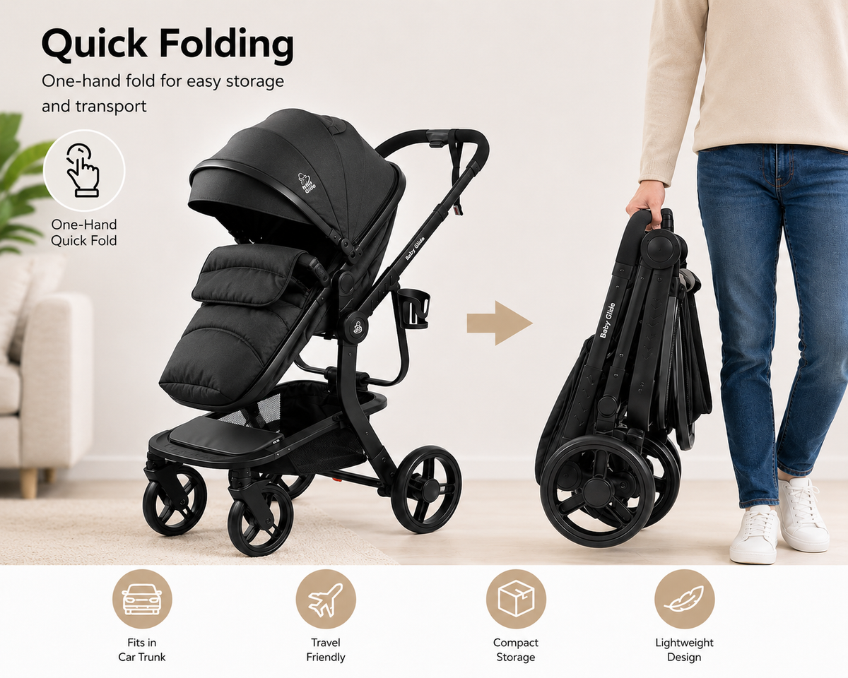 Luxury High Landscape Baby Stroller & Bassinet Travel System | One-Button Fold