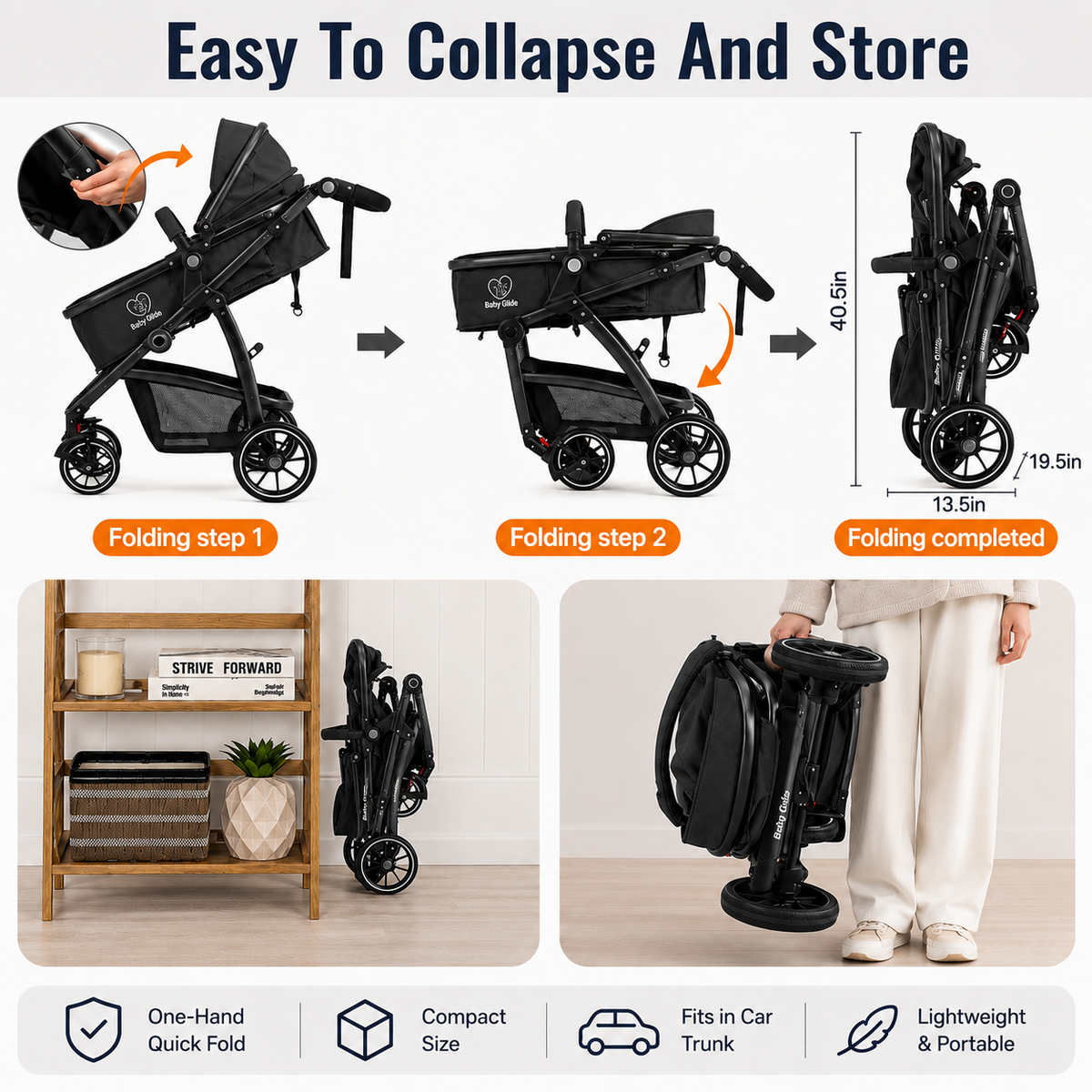 Luxury High Landscape Baby Stroller & Bassinet Travel System | One-Button Fold