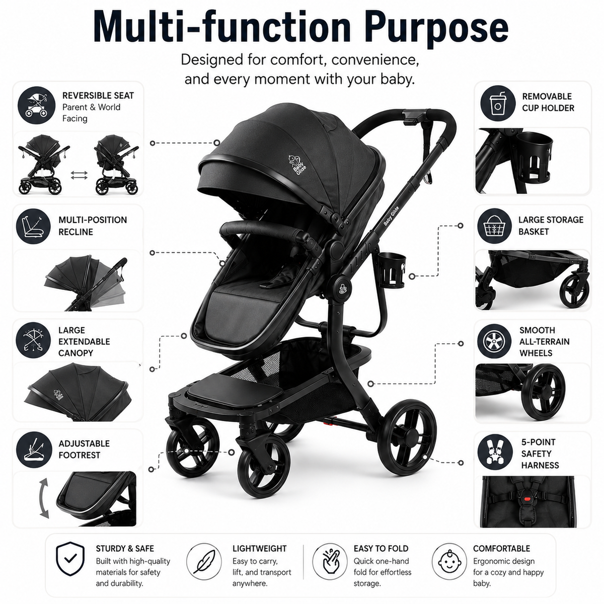 Luxury High Landscape Baby Stroller & Bassinet Travel System | One-Button Fold