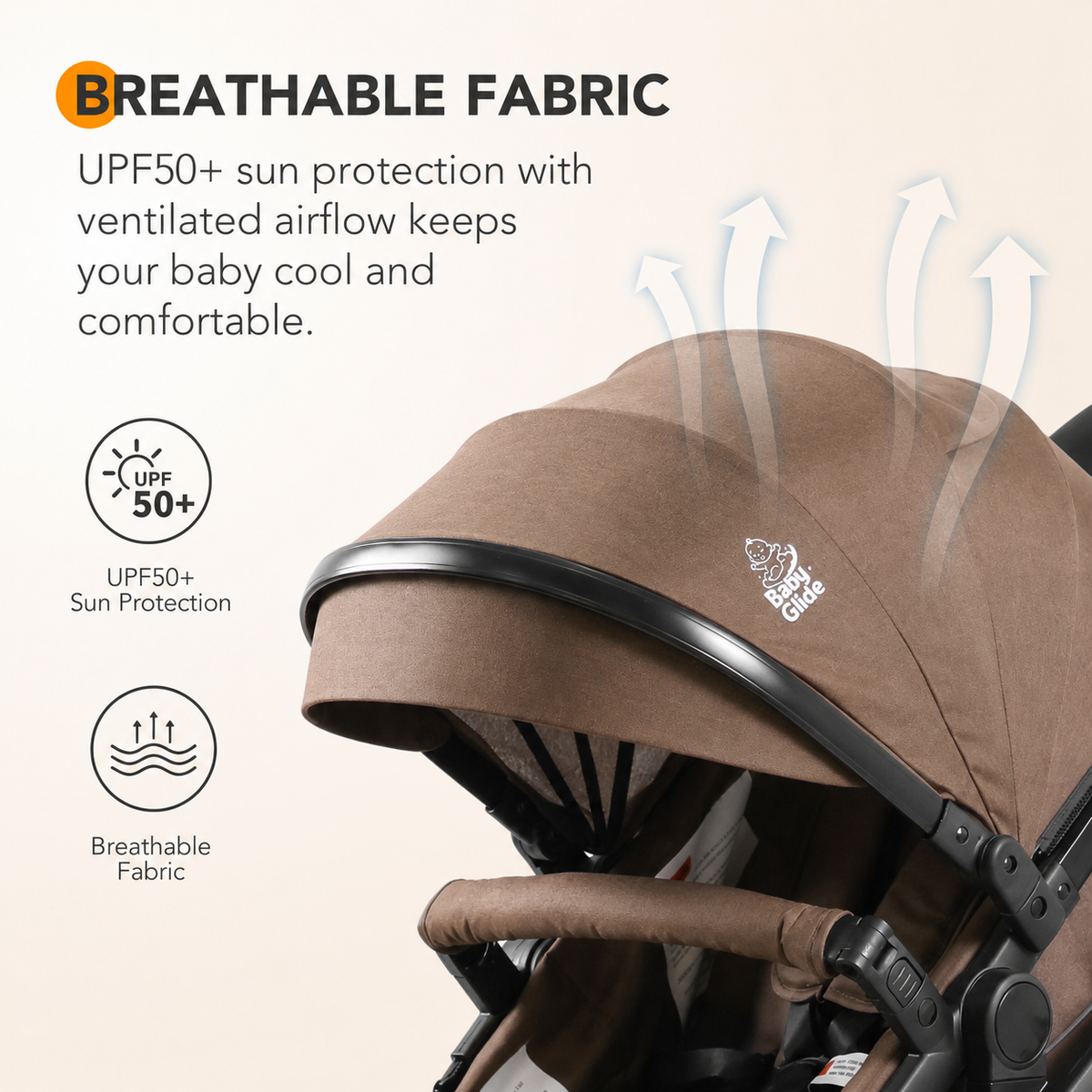 Baby Glide Luxury High View Baby Stroller with Reversible Seat, One-Hand Fold, UPF50+ Canopy,Brown