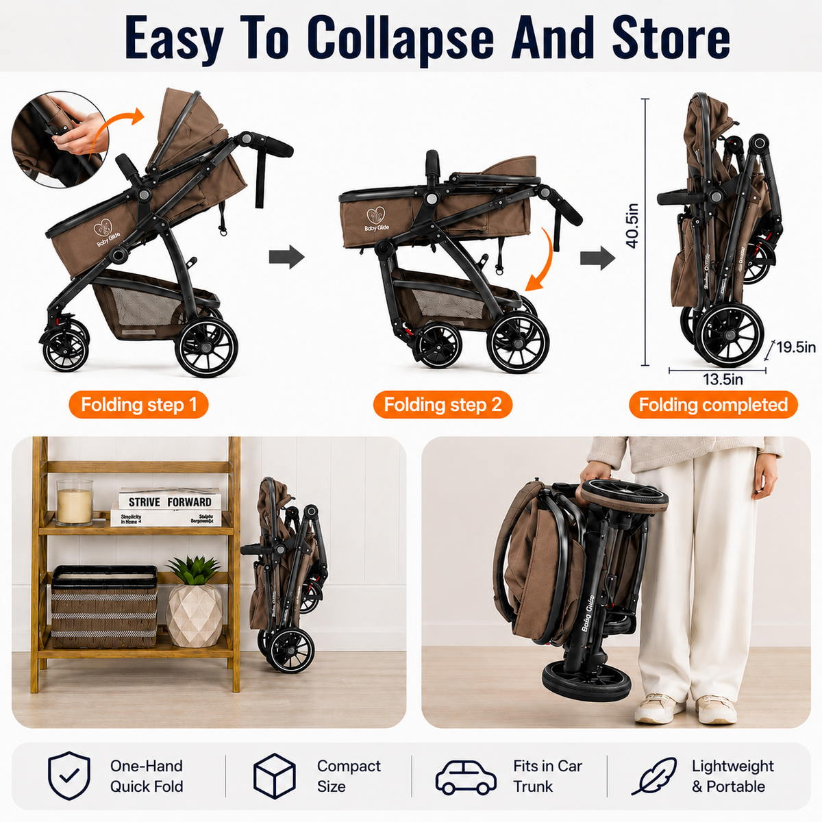 Baby Glide Luxury High View Baby Stroller with Reversible Seat, One-Hand Fold, UPF50+ Canopy,Brown