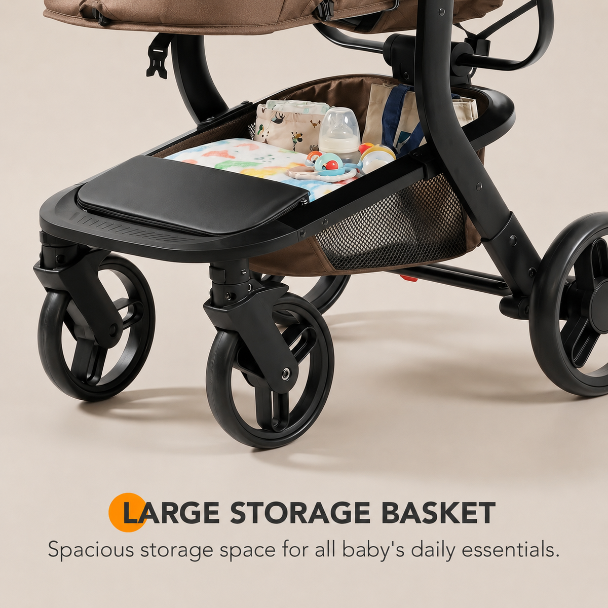 Baby Glide Luxury High View Baby Stroller with Reversible Seat, One-Hand Fold, UPF50+ Canopy,Brown