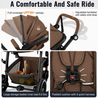 Baby Glide Luxury High View Baby Stroller with Reversible Seat, One-Hand Fold, UPF50+ Canopy,Brown