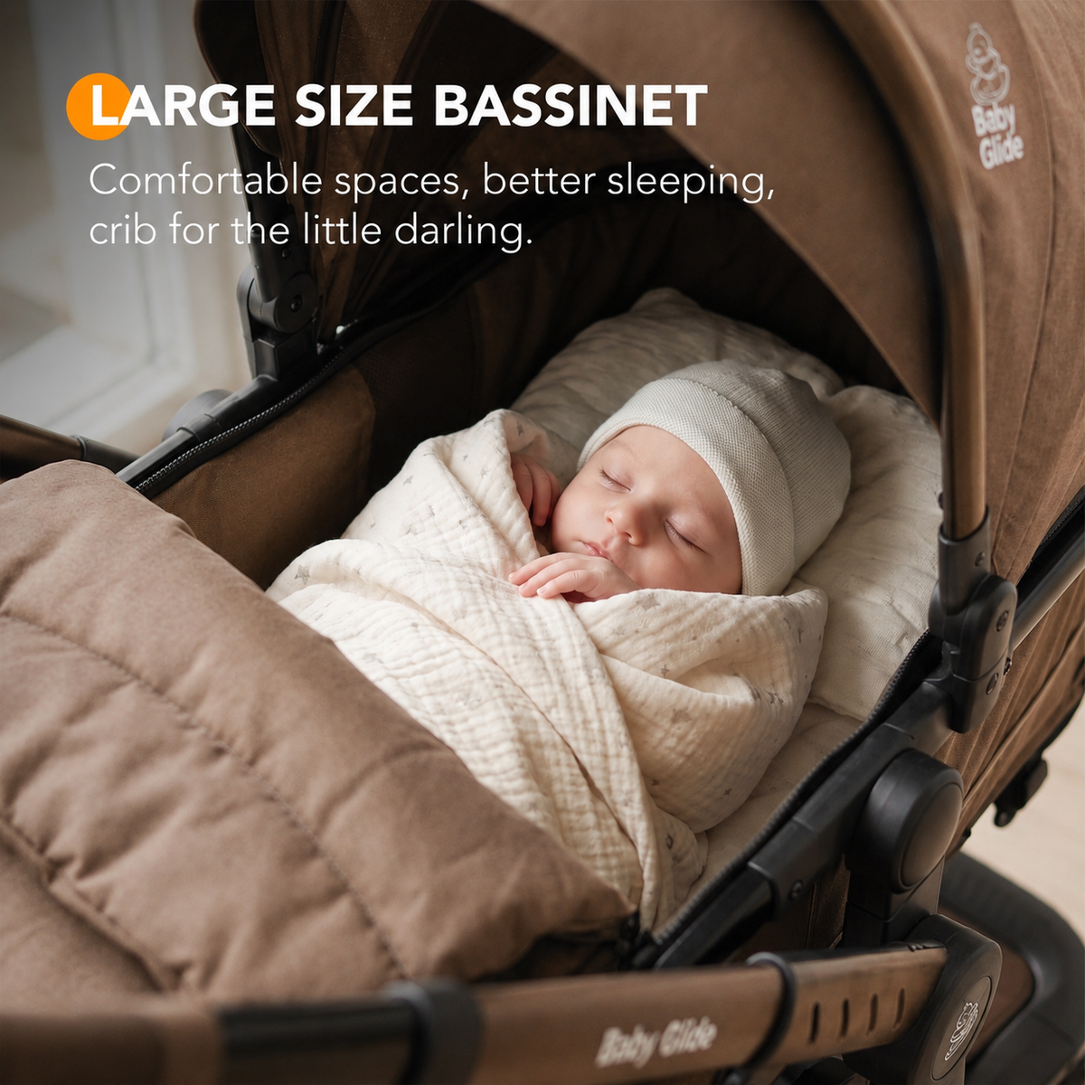Baby Glide Luxury High View Baby Stroller with Reversible Seat, One-Hand Fold, UPF50+ Canopy,Brown