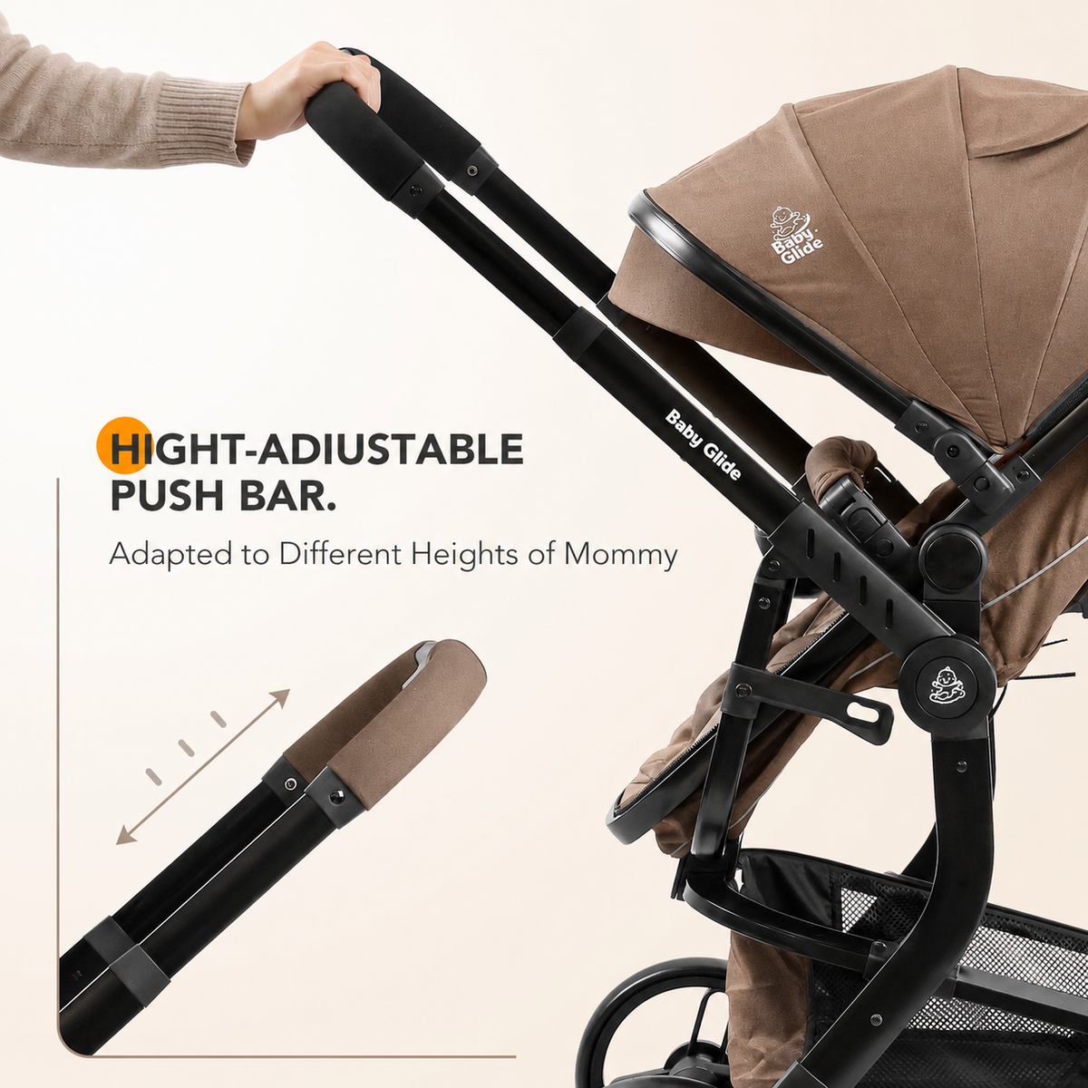 Baby Glide Luxury High View Baby Stroller with Reversible Seat, One-Hand Fold, UPF50+ Canopy,Brown