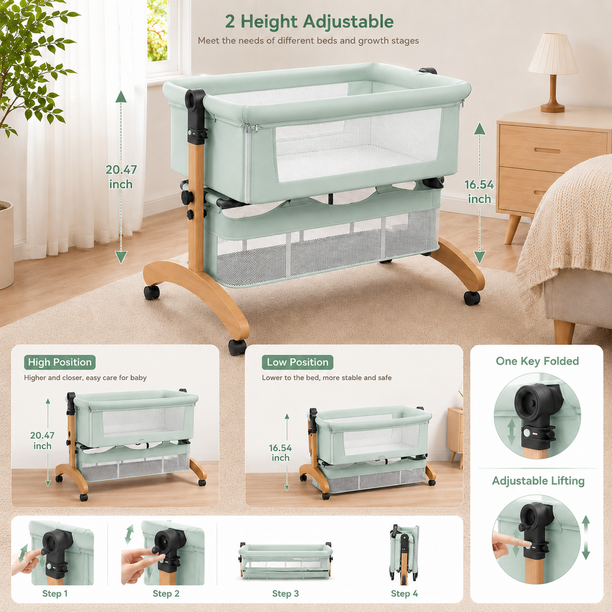 Baby Bedside Bassinet with Mosquito Net, Free Mattress, Storage Bag, 2 Height Adjustable Portable Baby Crib with Beech Wood Frame