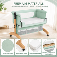 Baby Bedside Bassinet with Mosquito Net, Free Mattress, Storage Bag, 2 Height Adjustable Portable Baby Crib with Beech Wood Frame