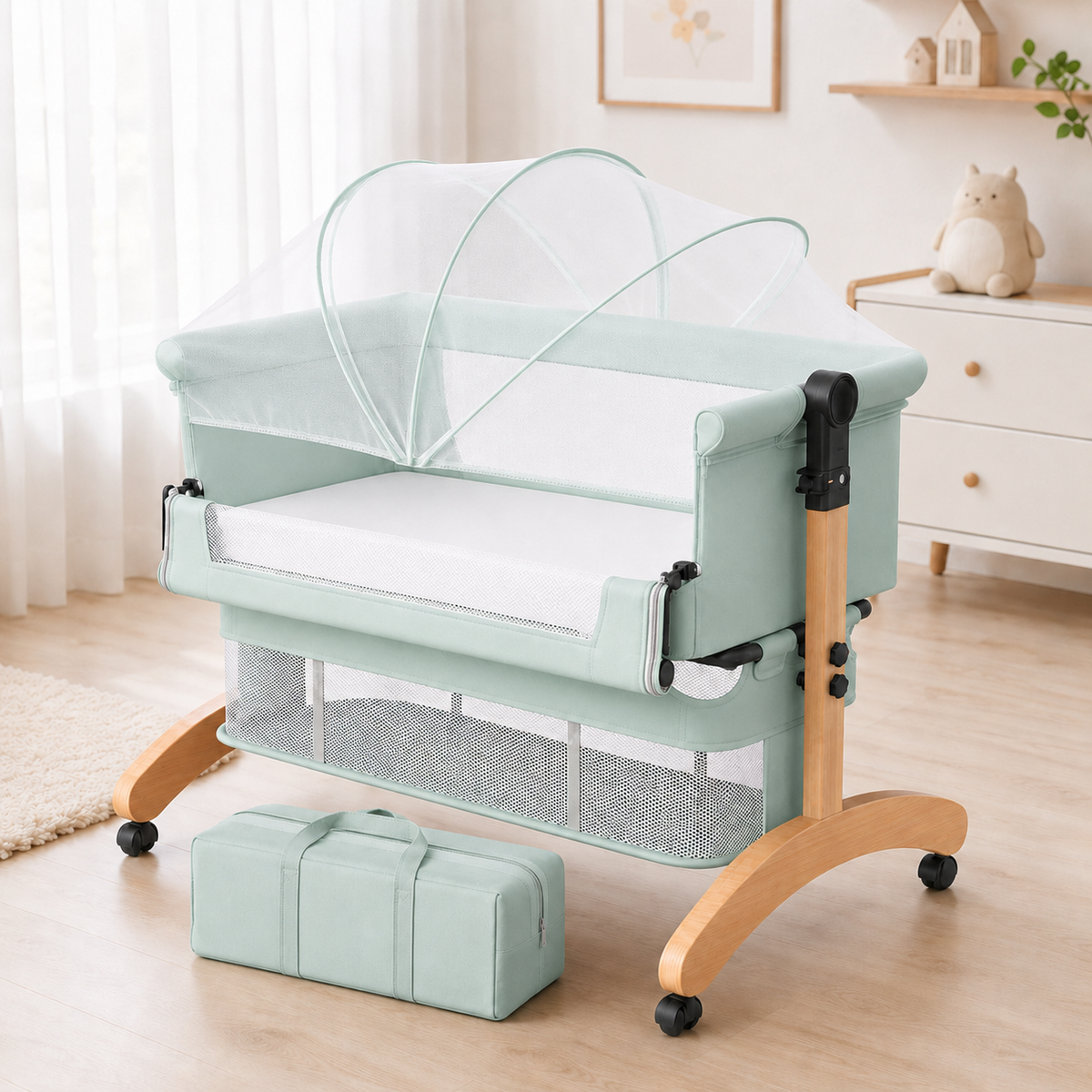 Baby Bedside Bassinet with Mosquito Net, Free Mattress, Storage Bag, 2 Height Adjustable Portable Baby Crib with Beech Wood Frame