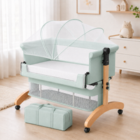 Baby Bedside Bassinet with Mosquito Net, Free Mattress, Storage Bag, 2 Height Adjustable Portable Baby Crib with Beech Wood Frame