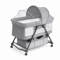 Baby Bassinet Bedside Sleeper with Mosquito Net, Portable Folding Crib, Breathable Mesh Sides, Storage Basket & Lockable Wheels for Newborns and Infants,Grey