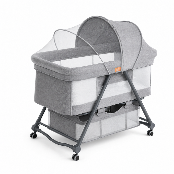 Baby Bassinet Bedside Sleeper with Mosquito Net, Portable Folding Crib, Breathable Mesh Sides, Storage Basket & Lockable Wheels for Newborns and Infants,Grey