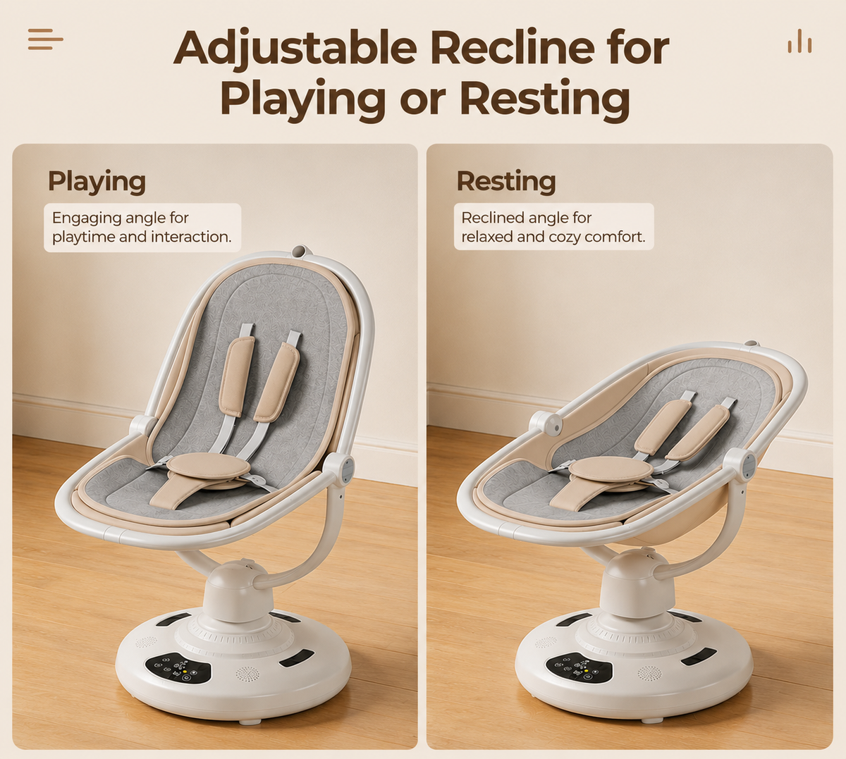 Electric Baby Swing with Bluetooth & Remote Control – 5-Speed Infant Rocker, Adjustable Recline, Mosquito Net, Music Player & Hanging Toys, Soft Breathable Fabric, Aluminium Frame, Beige Colour