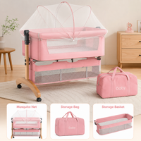 Premium Pink Baby Bassinet Bedside Sleeper with Mosquito Net, Adjustable Height & Wooden Frame
