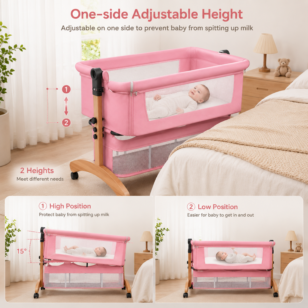 Premium Pink Baby Bassinet Bedside Sleeper with Mosquito Net, Adjustable Height & Wooden Frame