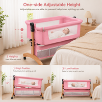 Premium Pink Baby Bassinet Bedside Sleeper with Mosquito Net, Adjustable Height & Wooden Frame