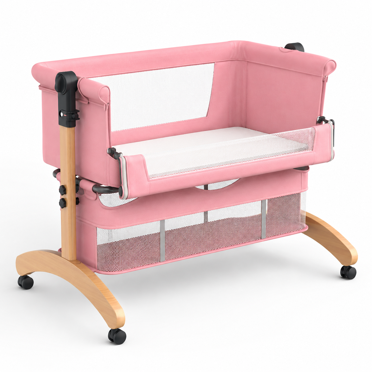 Premium Pink Baby Bassinet Bedside Sleeper with Mosquito Net, Adjustable Height & Wooden Frame