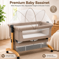 Premium Brown Baby Bassinet Bedside Sleeper with Mosquito Net, Adjustable Height & Wooden Frame