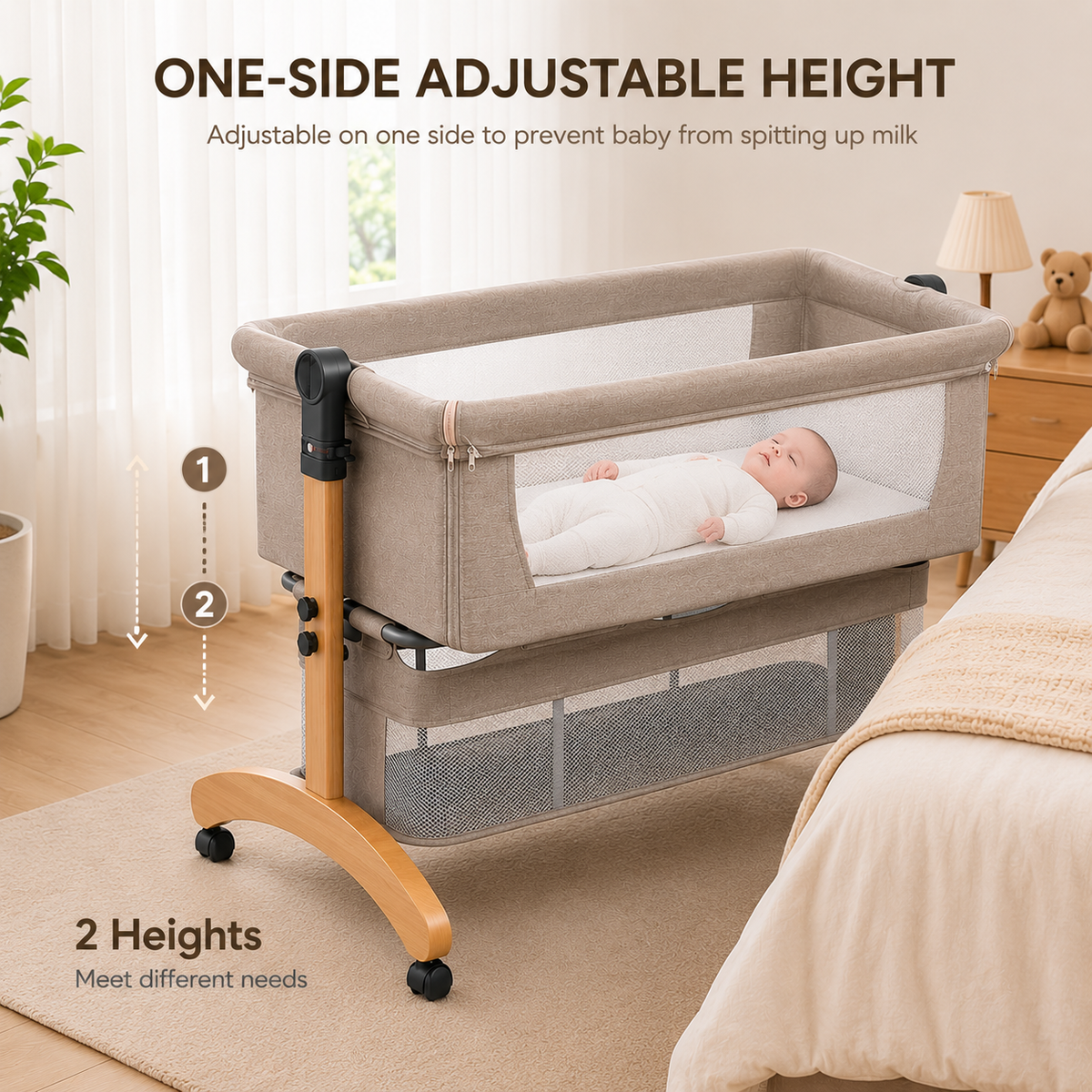 Premium Brown Baby Bassinet Bedside Sleeper with Mosquito Net, Adjustable Height & Wooden Frame
