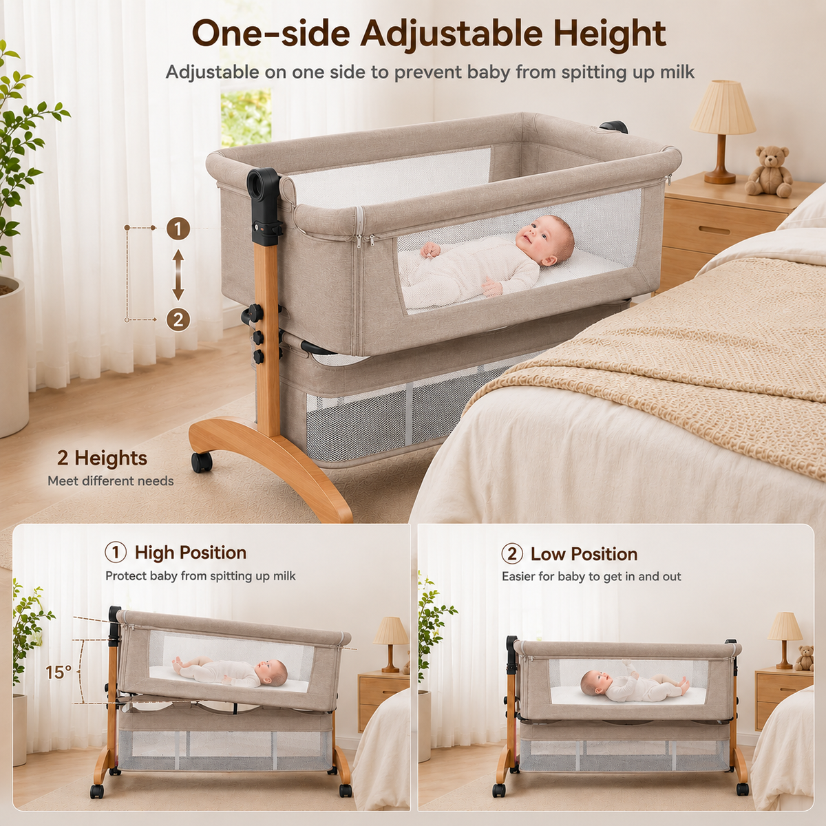 Premium Brown Baby Bassinet Bedside Sleeper with Mosquito Net, Adjustable Height & Wooden Frame