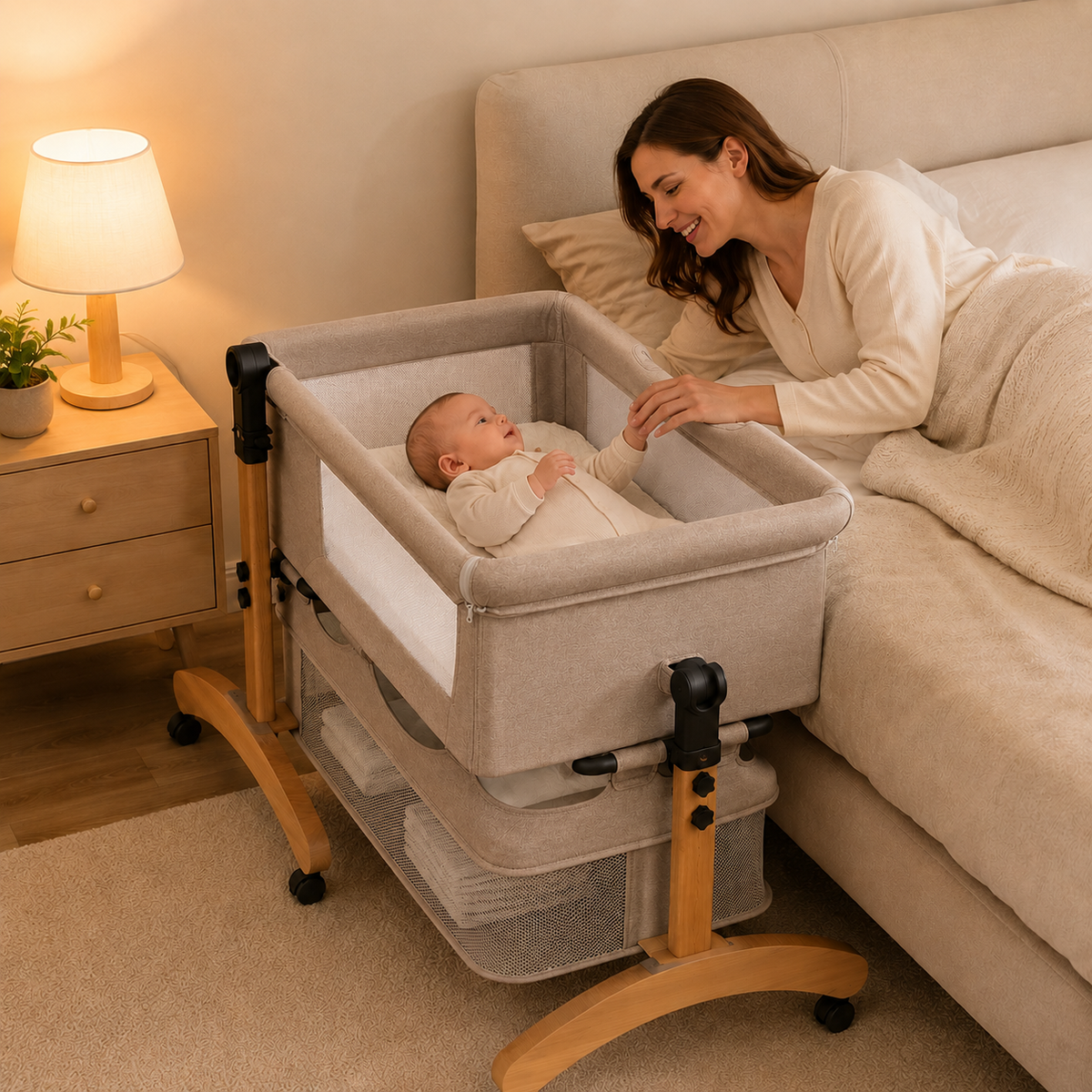 Premium Brown Baby Bassinet Bedside Sleeper with Mosquito Net, Adjustable Height & Wooden Frame