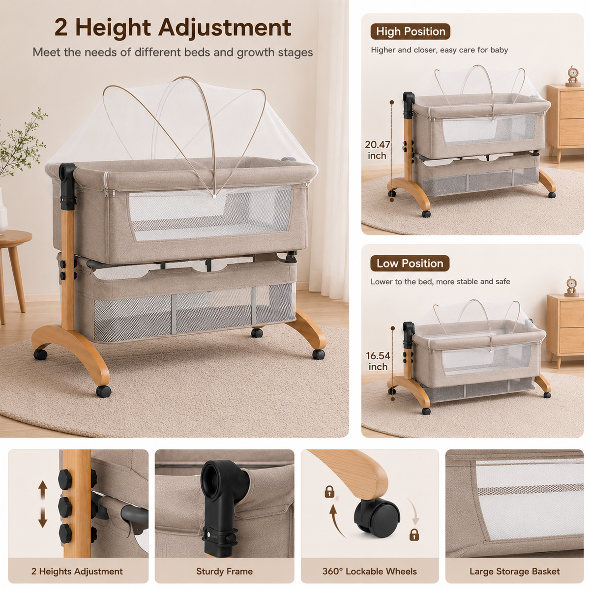 Premium Brown Baby Bassinet Bedside Sleeper with Mosquito Net, Adjustable Height & Wooden Frame