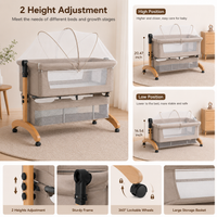 Premium Brown Baby Bassinet Bedside Sleeper with Mosquito Net, Adjustable Height & Wooden Frame