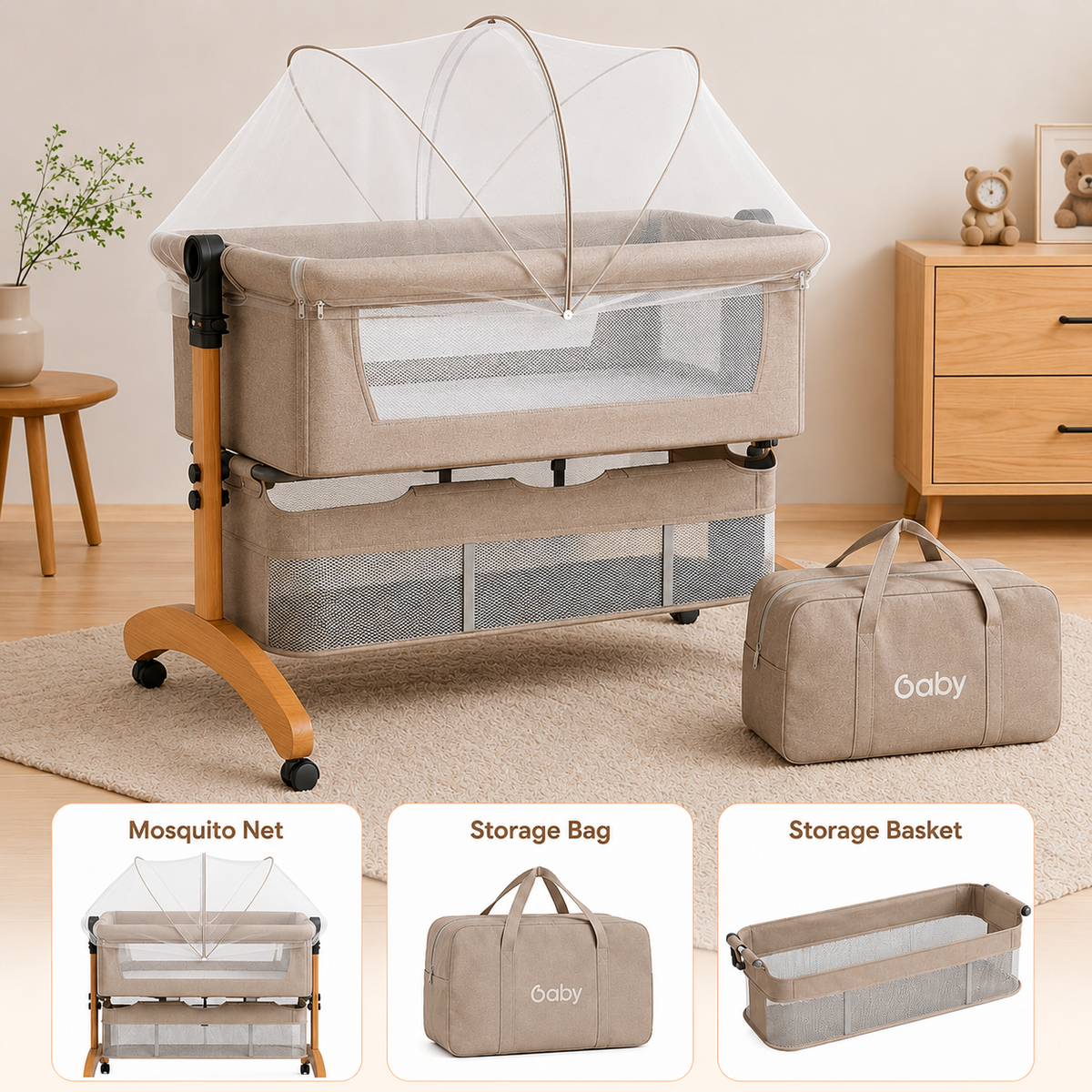 Premium Brown Baby Bassinet Bedside Sleeper with Mosquito Net, Adjustable Height & Wooden Frame