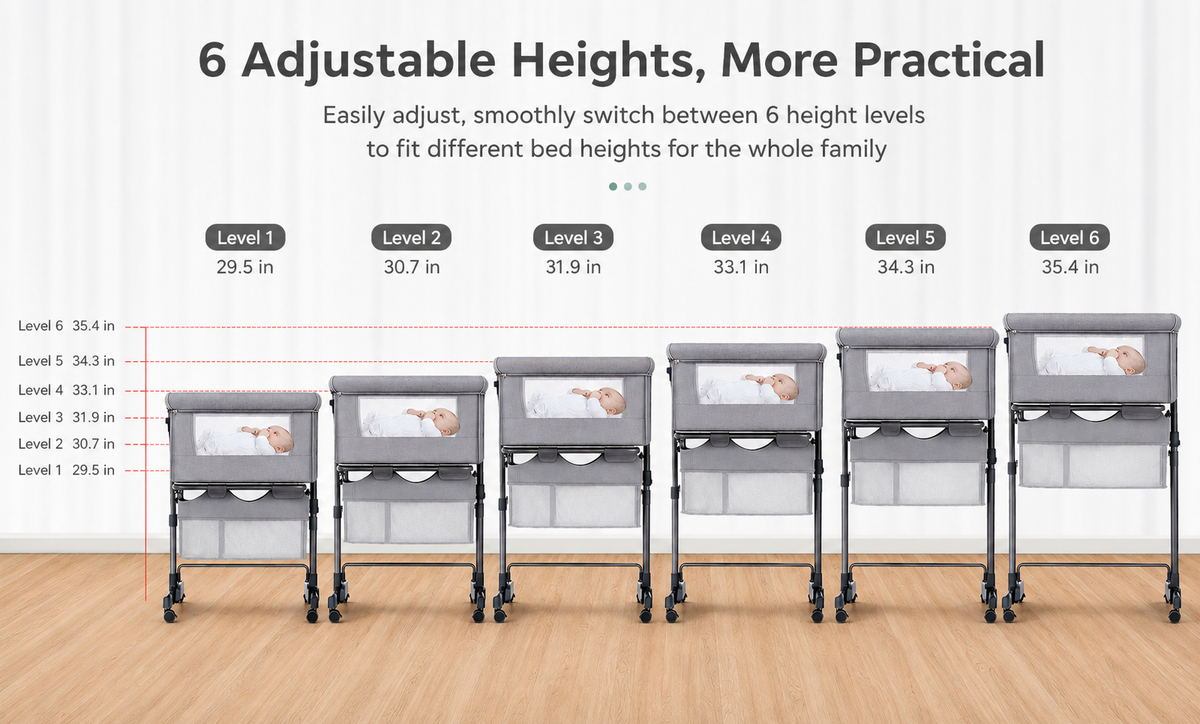Baby Bassinet, 3 in 1 Bassinets Bedside Sleeper, Adjustable Height Bedside Sleeper with Rocking Mode, Breathable Mesh, Storage Basket, Wheels, Easy Assemble & Folding (Gray)