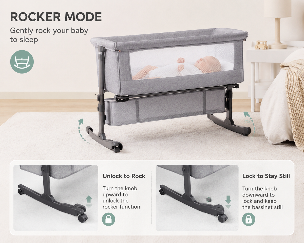 Baby Bassinet, 3 in 1 Bassinets Bedside Sleeper, Adjustable Height Bedside Sleeper with Rocking Mode, Breathable Mesh, Storage Basket, Wheels, Easy Assemble & Folding (Gray)