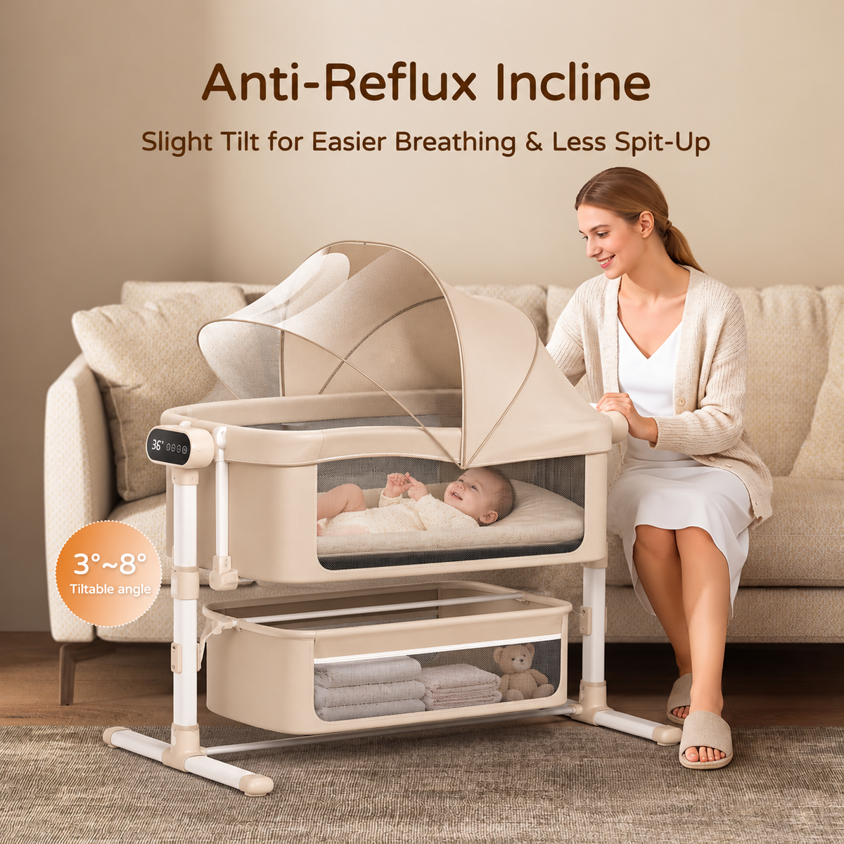 BabyGlide Electric Baby Bassinet with 5 Swing Speeds and Mosquito Net,Beige