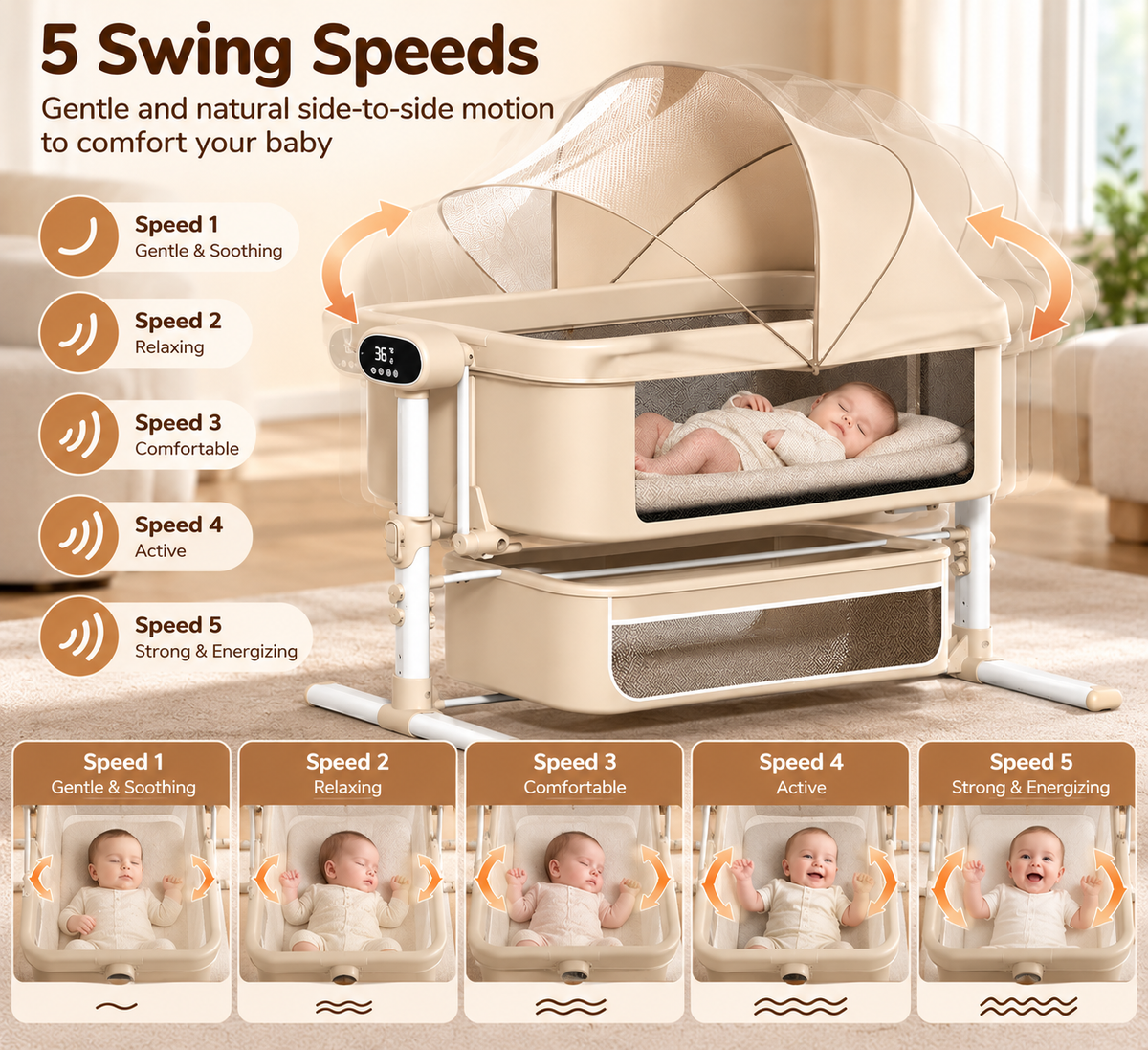 BabyGlide Electric Baby Bassinet with 5 Swing Speeds and Mosquito Net,Beige