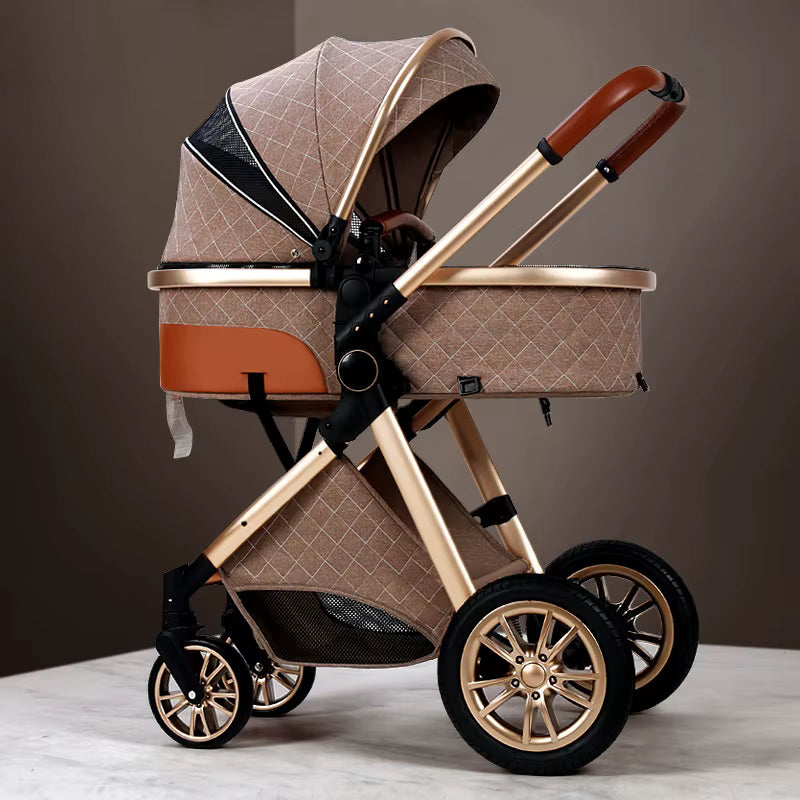 Luxury High View Baby Stroller & Bassinet Pram | One-Second Fold | Lightweight Aluminum Frame | 300D Linen Fabric | EVA Wheels | Australian Standard Tested | Brown