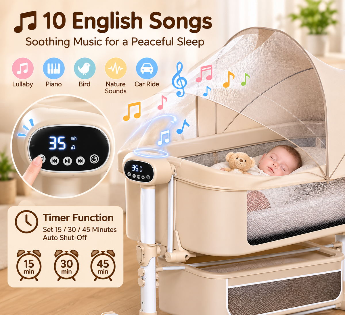 BabyGlide Electric Baby Bassinet with 5 Swing Speeds and Mosquito Net,Beige