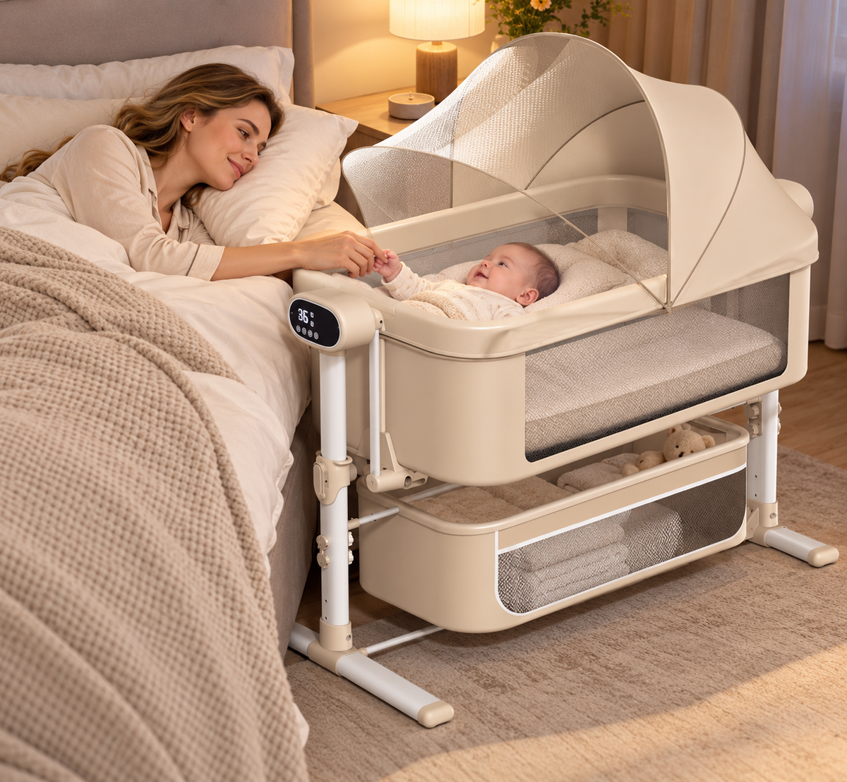 BabyGlide Electric Baby Bassinet with 5 Swing Speeds and Mosquito Net,Beige