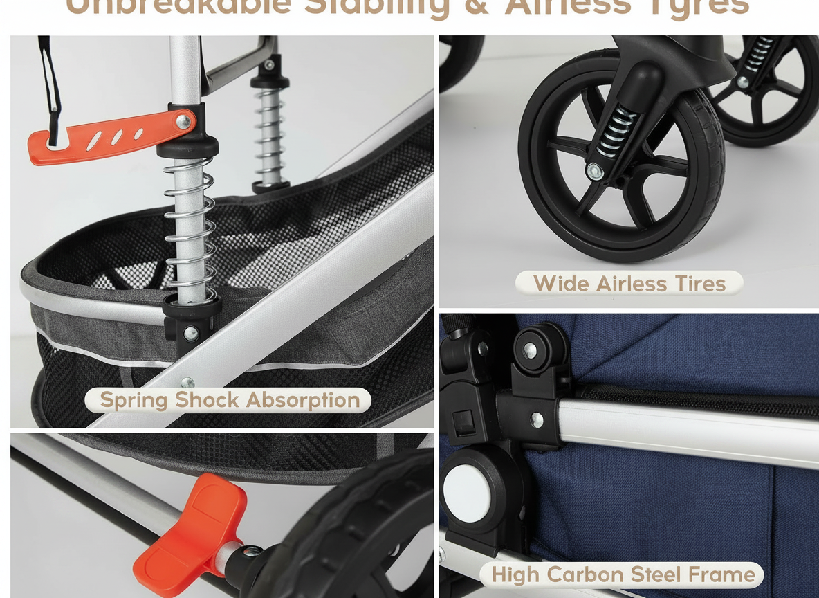 3-in-1 Baby Pram & Stroller, Baby Stroller with Reversible Bassinet, Mother Choice Travel Pram with Spring Shock Absorption, 5-Point Safety Harness, One-Hand Fold, Suitable for Newborn to Toddler